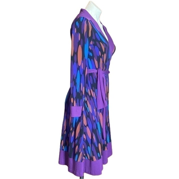 VTG DANIELA CORTE faux wrap dress jersey purple kaleidoscope mod psychedelic S - Picture 3 of 9